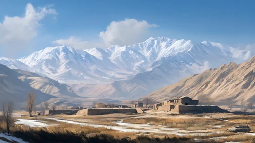Snow-capped mountain range above arid valley settlement.