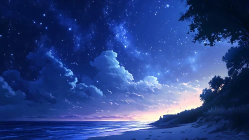 Starlit shoreline hush beneath a galaxy-blue canopy.
