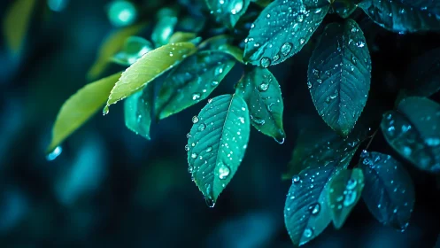 Rain-kissed green leaves glow softly in cool evening light