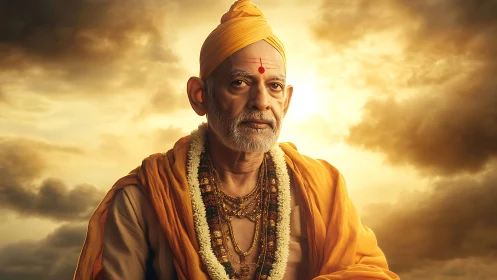 Photorealistic saintly portrait in dramatic backlit halo composition.