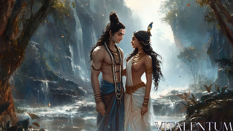 Sacred lovers share a quiet moment beside misty waterfalls