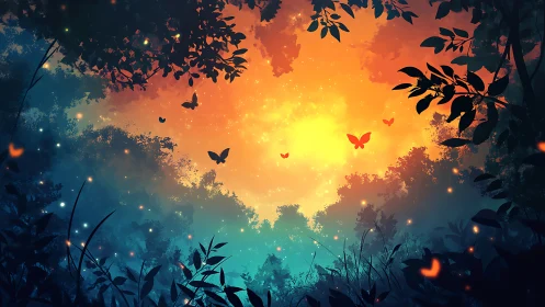 Luminous forest canopy with glowing butterflies at dusk.
