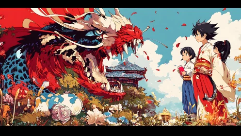 Kids meet a roaring festival dragon in a bright garden.