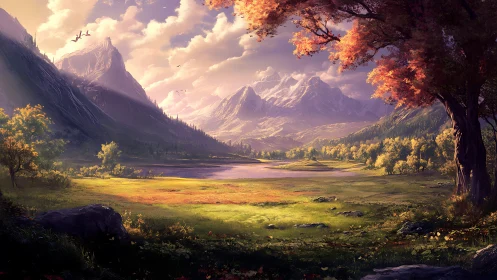 Golden valley lake under distant snowcapped peaks at dusk.