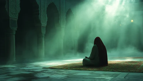 Solitary veiled figure seated on prayer rug in misted hall.