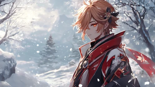 Red-clad anime warrior stands in serene snowy forest