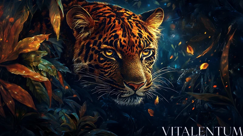 Predatory gaze of a leopard in luminous midnight jungle.