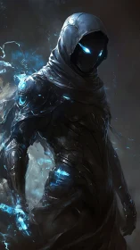 Hooded biomechanical figure with blue luminescent accents.