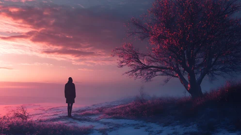 Solitary figure under crimson tree at violet sunrise.