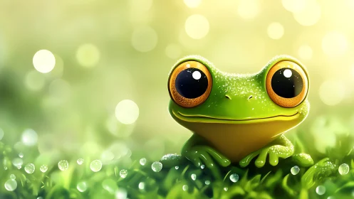 Green frog with large eyes on dewy foliage at sunrise.