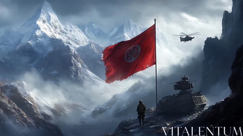 Military outpost with red flag in snowy mountain range.