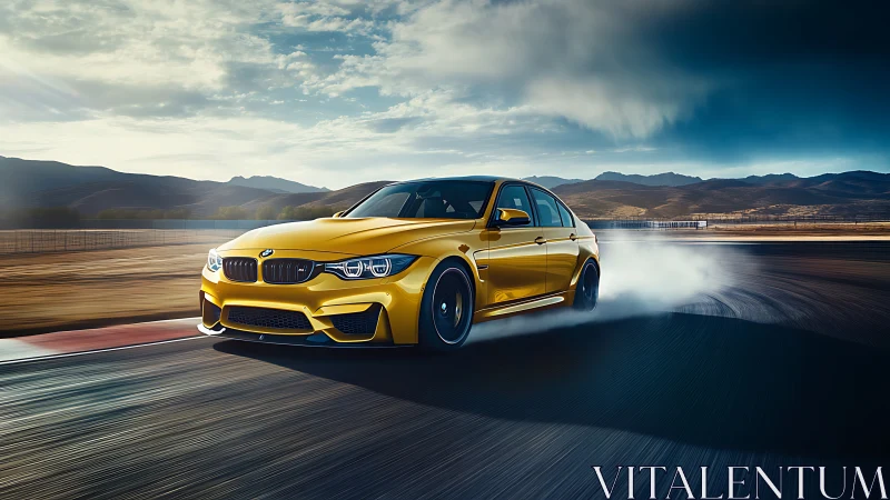 Yellow sports sedan powers through dramatic track drift.