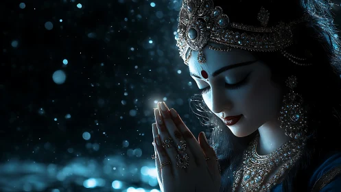 Digital painting of jeweled goddess in nocturnal devotional profile.