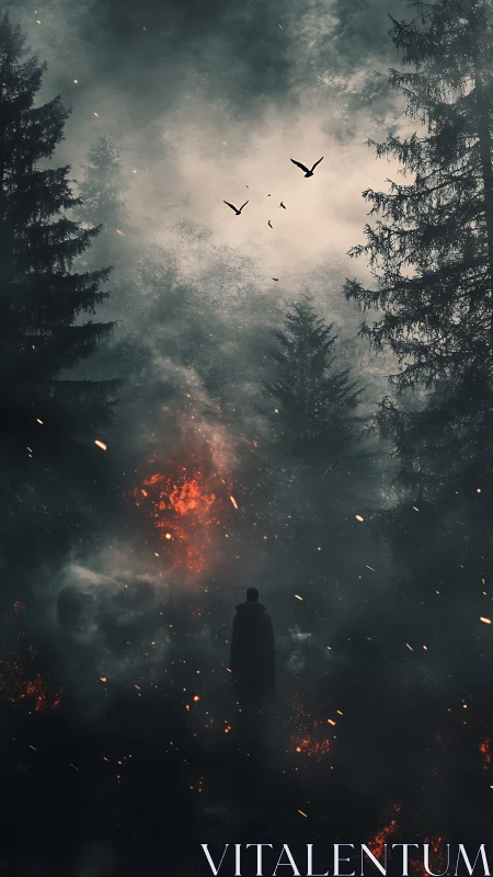 Cloaked figure in burning conifer forest, cinematic vertical digital painting.