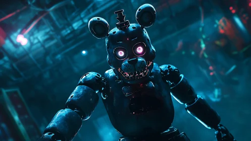Neon-eyed animatronic bear stalks a glitchy midnight workshop.