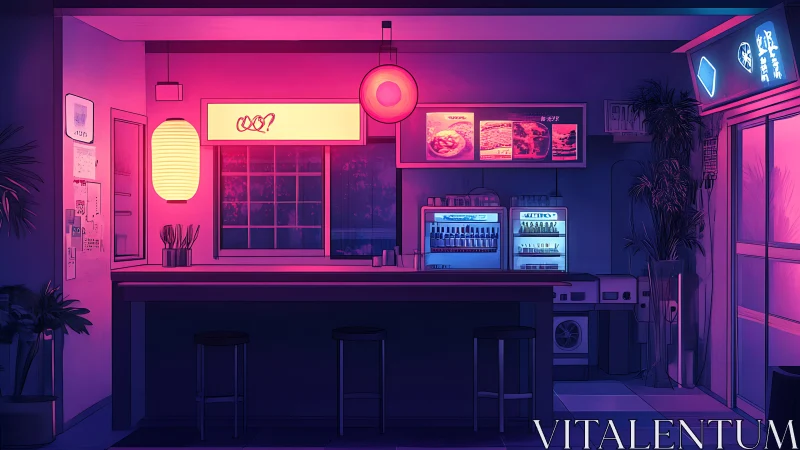 Neon-lit late night ramen bar rendered in cinematic digital art