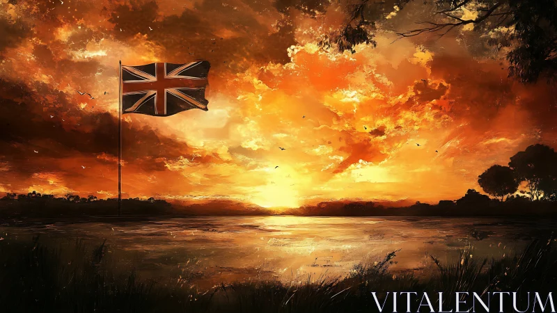 Union Jack flag glowing against a breathtaking golden sunset.