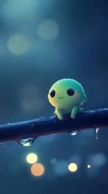 Small green creature sits on wet branch in soft bokeh light