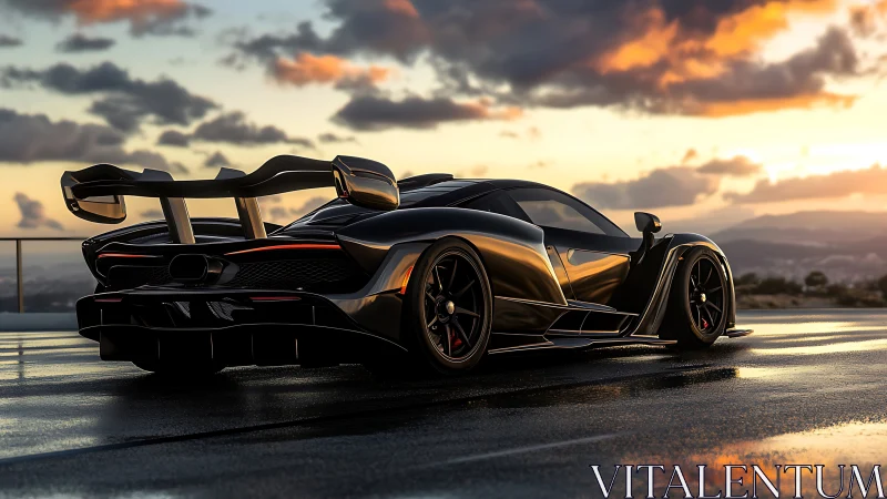 Carbon-black hypercar gleams on wet coastal road at sunset.