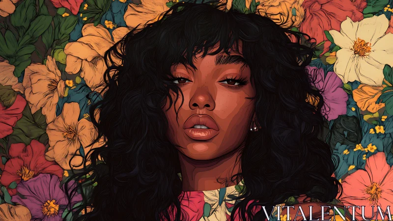 Digital portrait of woman framed by vibrant multicolor florals