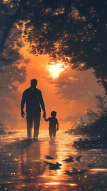 Warm river walk at sunset with gentle parent and child.