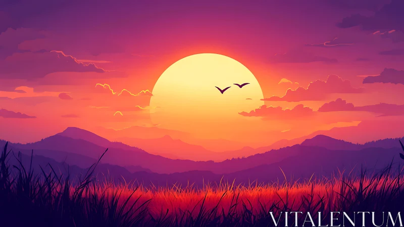 Sunset ignites violet hills while quiet silhouettes drift home