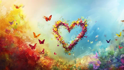 Floral Heart Composition with Butterflies in Gradient Sky Rendering