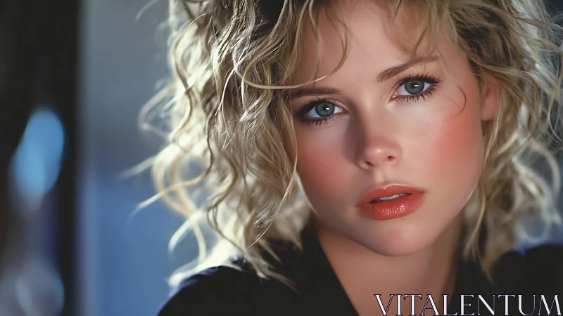 Softly lit portrait of a curly haired woman with kind eyes.