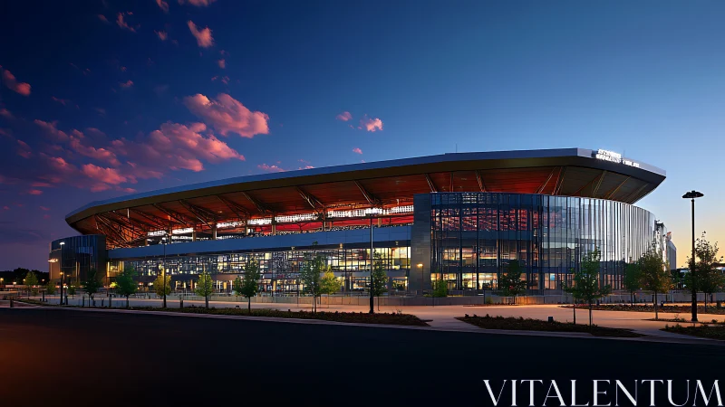 Contemporary stadium exterior rendered with dusk architectural lighting
