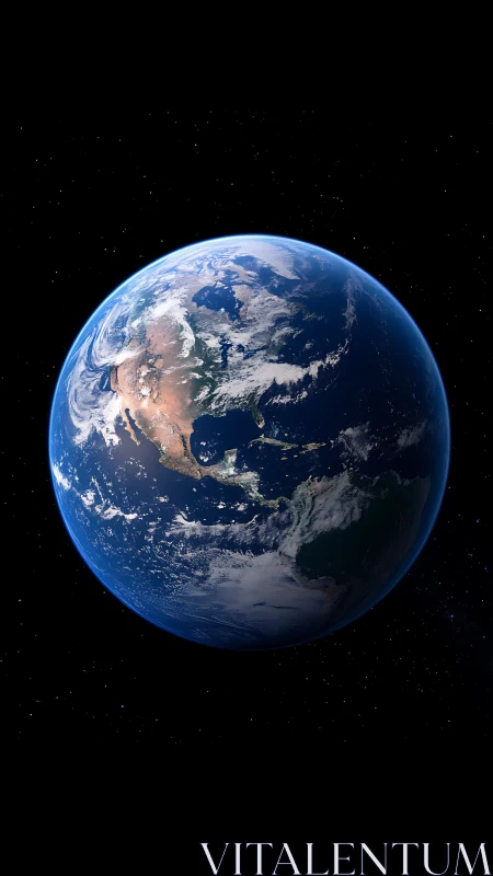 Photorealistic orbital view of Earth with balanced hemispheric lighting.