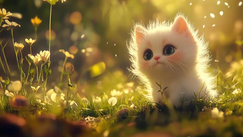 White Kitten in Sunlit Meadow with Yellow Flowers.