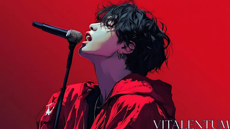 Vocalist in crimson jacket under saturated red gradient backdrop.