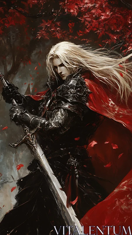 Vampiric swordsman in baroque plate armor amid red foliage