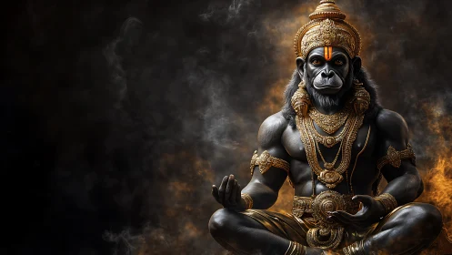 Seated simian deity sculpture with ornate gold adornments.