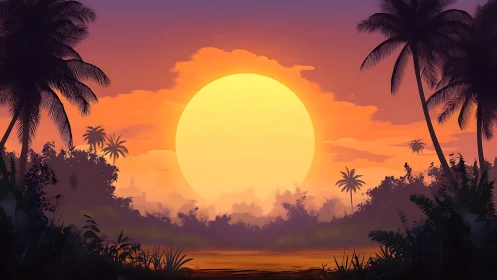 Sun dominates tropical horizon above dense silhouetted palms