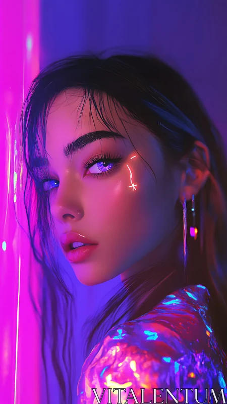 Neon lit cyber muse gazes into glowing futuristic night