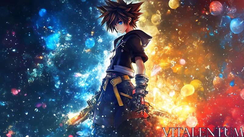 Starlit anime warrior between icy nebula and solar blaze.