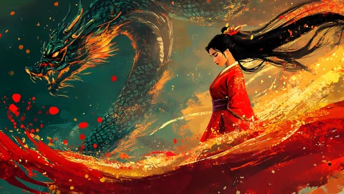 Warrior woman walks through dragon fire in swirling reds