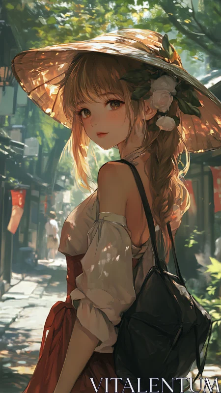 Sunlit alley daydreamer in a straw hat and soft rust dress.