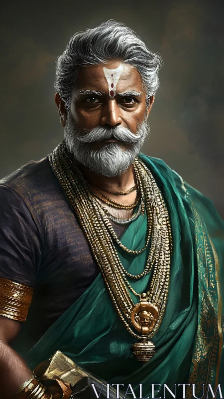Regal elder in emerald drape gazes with solemn intensity.