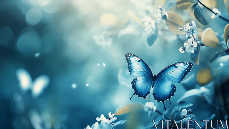 Blue butterfly in soft bokeh garden with white blossoms.