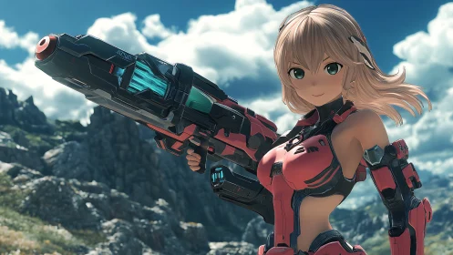 Armored anime heroine steadies a massive sci fi railgun outdoors