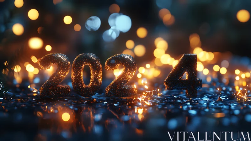 Glittering 2024 numerals amid defocused festive lights.