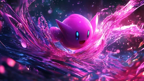 Pink spherical character in neon liquid splash environment.