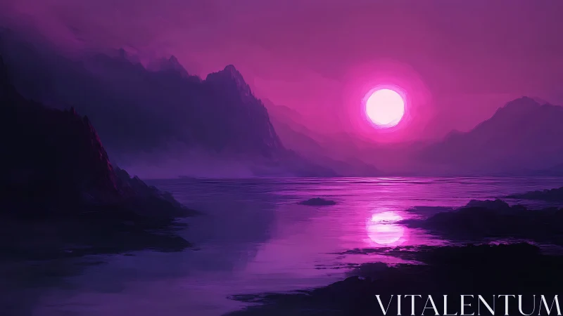 Violet mountains cradle a neon sun over glassy dreamwater