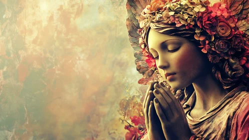 Serene floral angel sculpture in prayerful side profile.