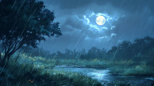 Moonlit rainfall illuminates a wetland pond and dense foliage