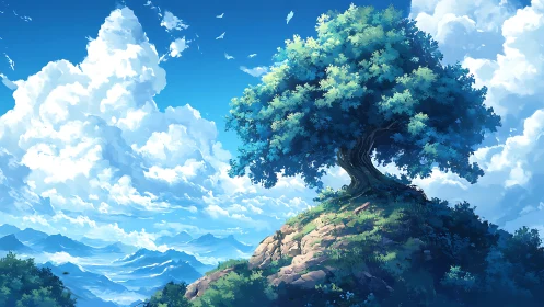 Lone hilltop tree under vast clouds and distant mountains.