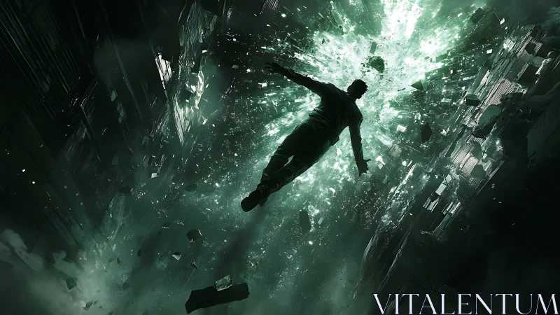 Man drifting through a glowing green cosmic cityscape.