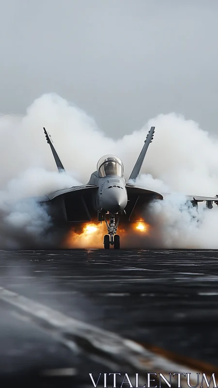 Fighter jet launching from carrier deck with engines flaring.